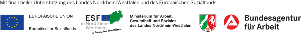 Logos des Europäischen Sozialfonds, Ministerium für Arbeit, Gesundheit und Soziales des Landes Nordrhein-Westfalen und der Agentur für Arbeit.