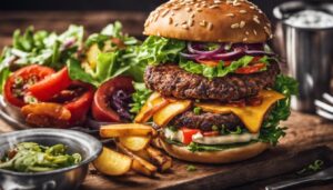 Großer Hamburger mit Salat und Kartoffelecken